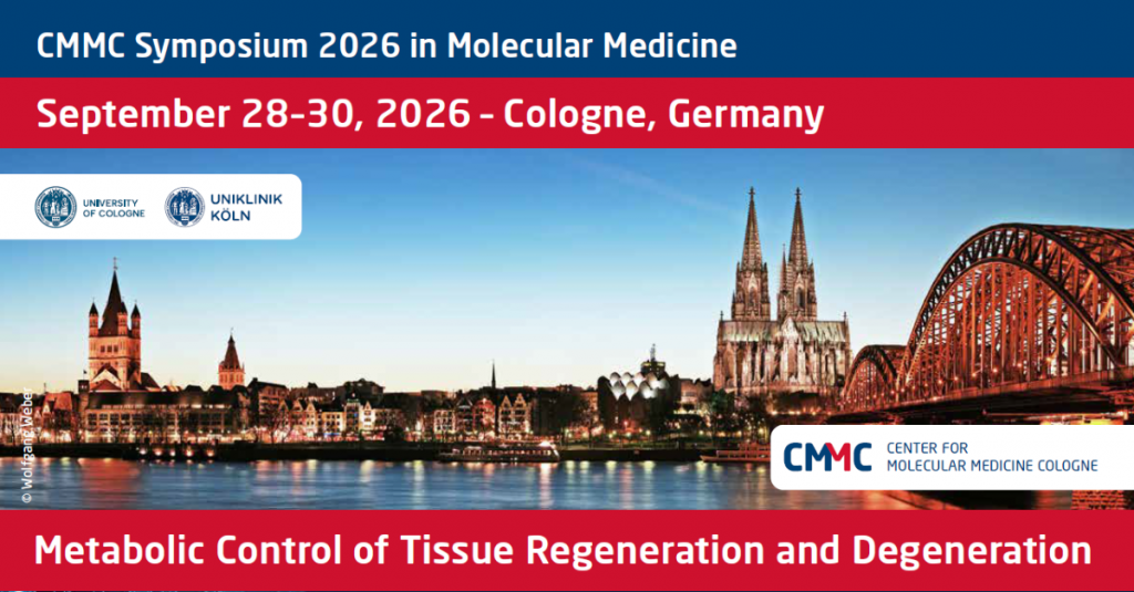 Banner announcing CMMC Symposium 2026 in Molecular Medicine, September 28–30, Cologne, Germany, with logos on the left.