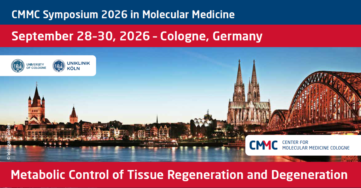 Banner announcing CMMC Symposium 2026 in Molecular Medicine, September 28–30, Cologne, Germany, with logos on the left.
